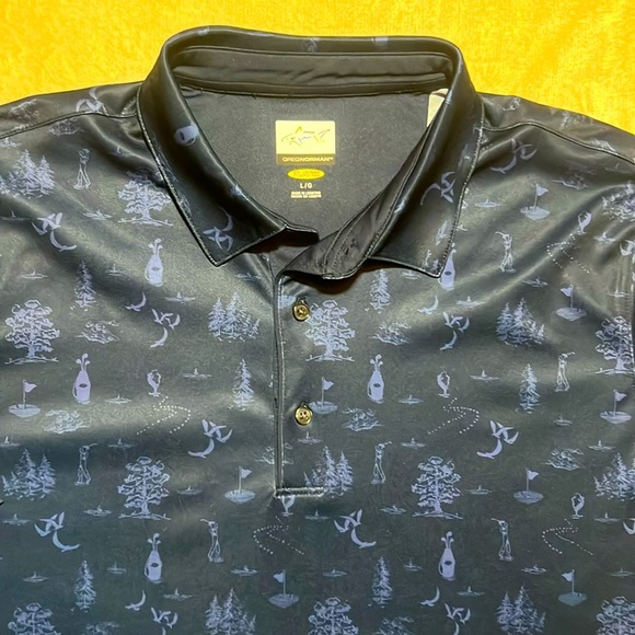 Greg Norman Men's Polo Shirt - Navy with playful golf course imagery print sz L - Picture 3 of 10